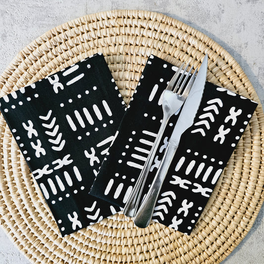 Set of 4 / 8 Napkins | 35x35cm | Black Mudcloth Print, Ankara Wax, 100% Cotton