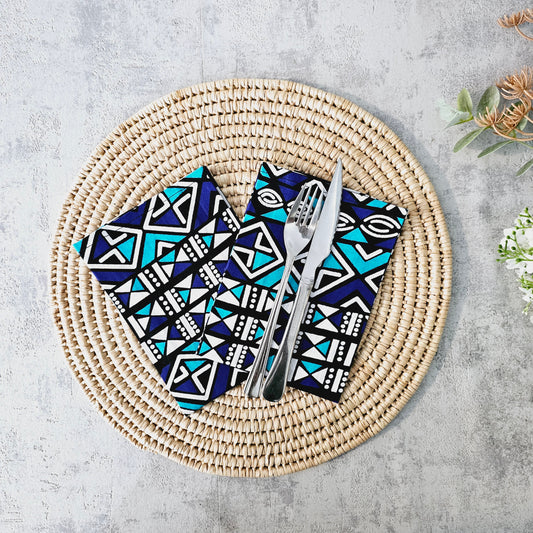 Set of 4 / 8 Napkins | 35x35cm | Black Mudcloth Print, Ankara Wax, 100% Cotton