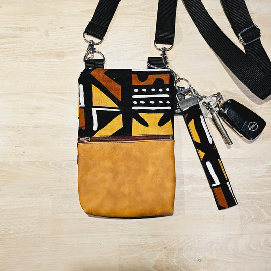 Handmade Phone Bag and Keyfob Set  | African Ankara Print Fabric | Vegan Leather Detail | Adjustable Shoulder Strap