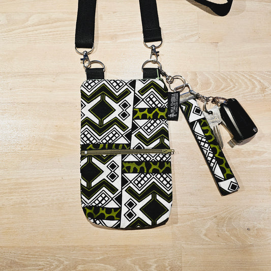Handmade Phone Bag and Keyfob Set | African Ankara Print Fabric | Vegan Leather Detail | Adjustable Shoulder Strap