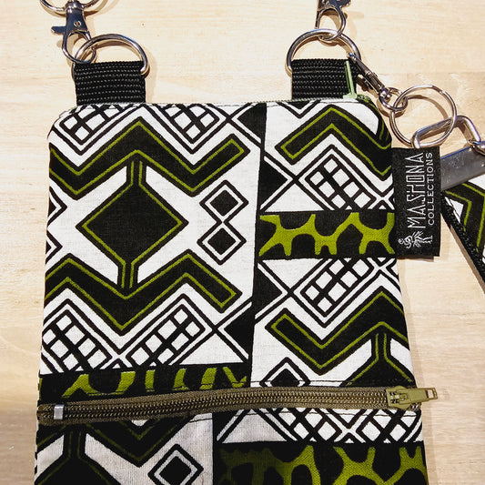 Handmade Phone Bag and Keyfob Set  | African Ankara Print Fabric | Vegan Leather Detail | Adjustable Shoulder Strap