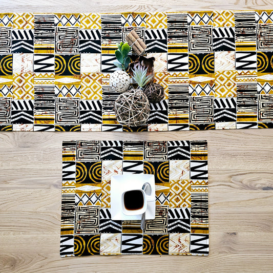 Handmade Table Runner and Set of 8 Placemats | African Print "Mudcloth" Bogolan Inspired Print Made from 100% African Print Fabric