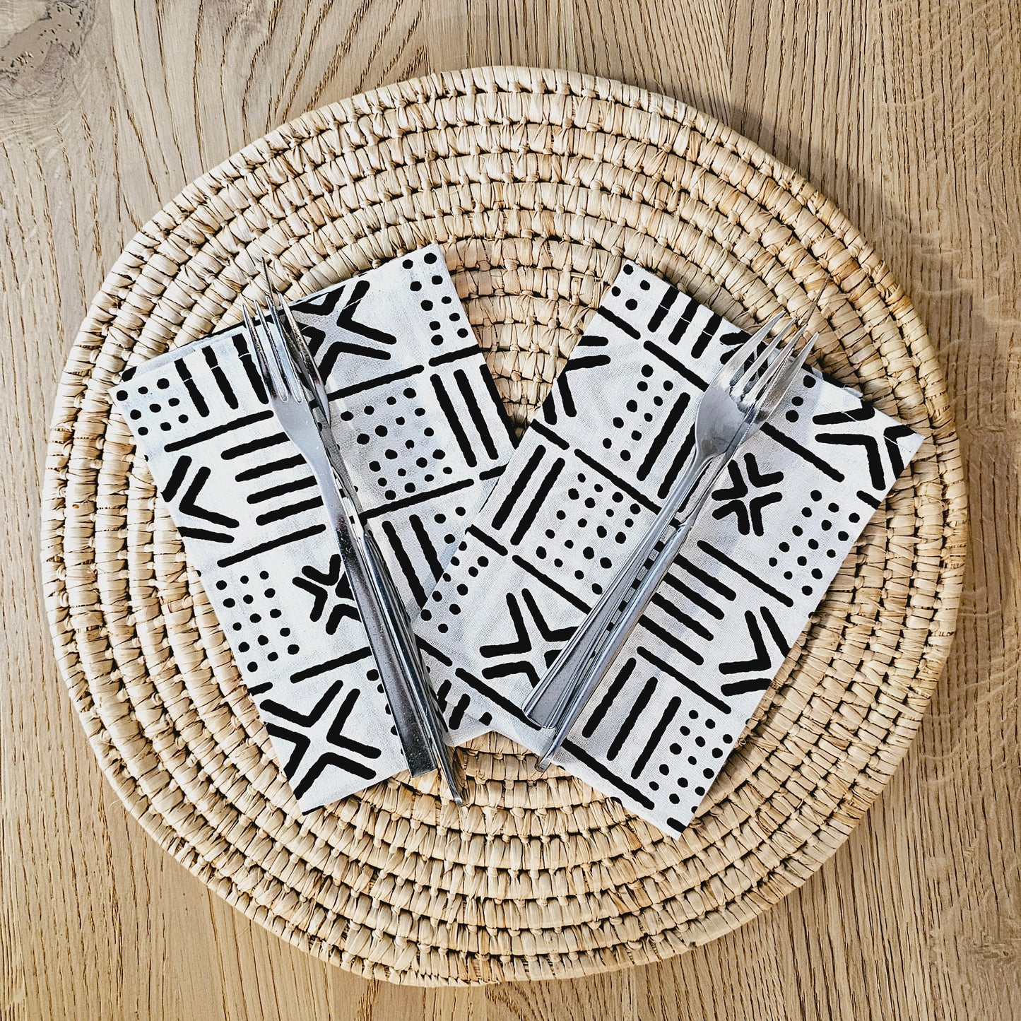 Set of 4 | 8 Napkins | 40x40cm | Black Mudcloth Print, Ankara Wax, 100% Cotton