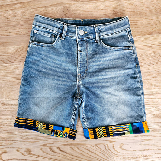 Unisex Denim Shorts with African Print Detail