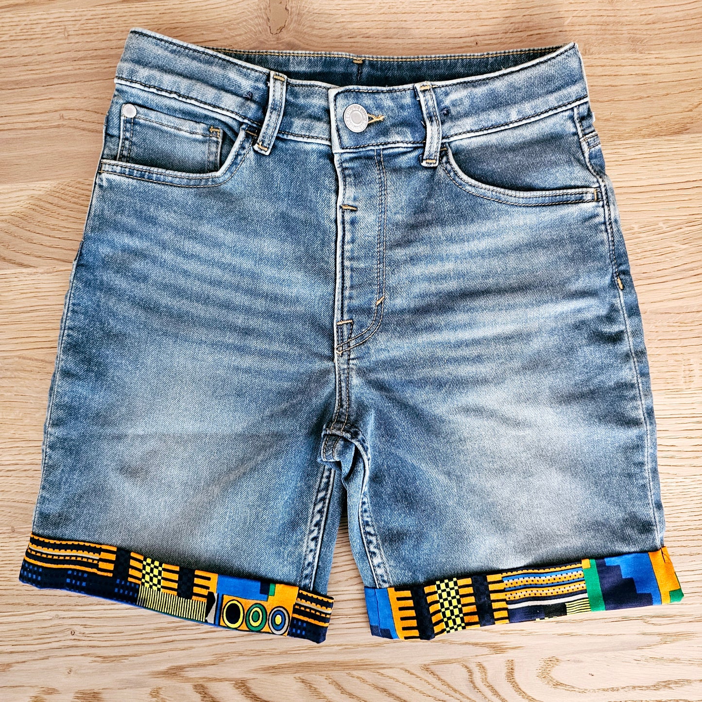 Unisex Denim Shorts with African Print Detail