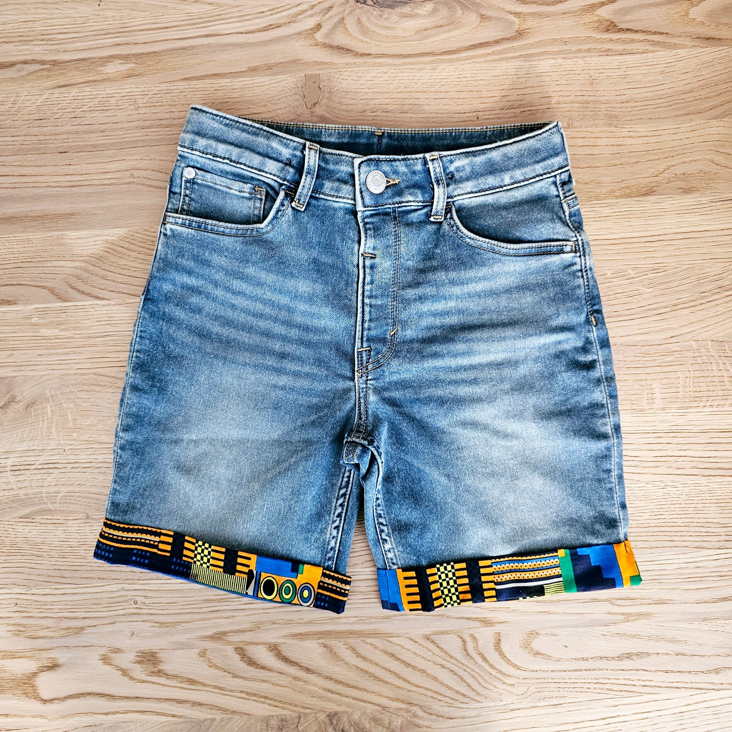 Unisex Denim Shorts with African Print Detail