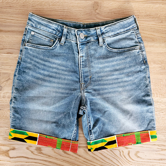 Unisex Denim Shorts with African Print Detail