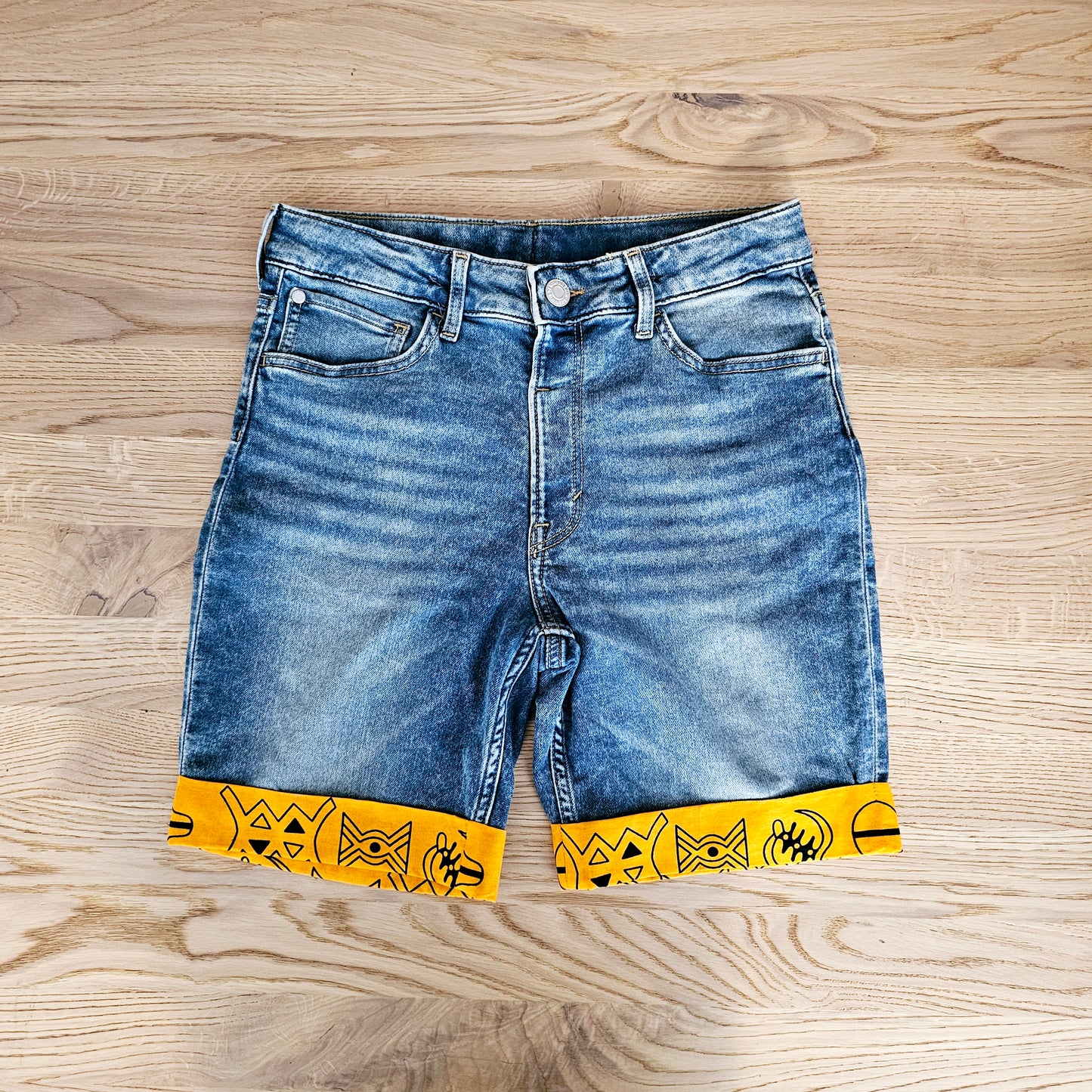 Unisex Denim Shorts with African Print Detail