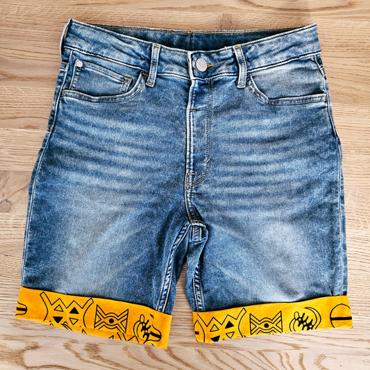 Unisex Denim Shorts with African Print Detail