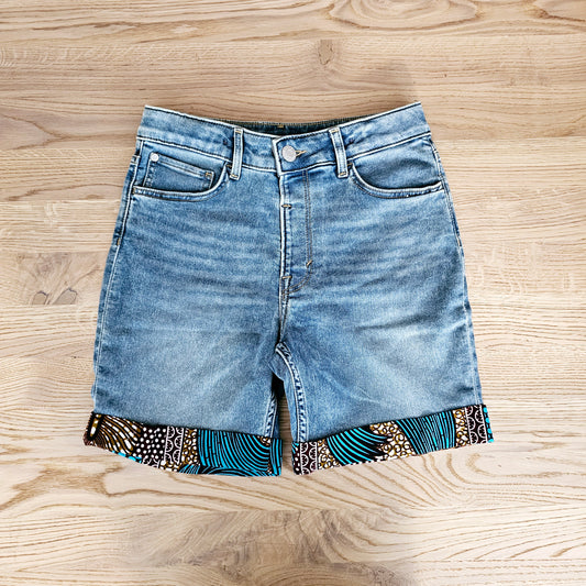 Unisex Denim Shorts with African Print Detail.