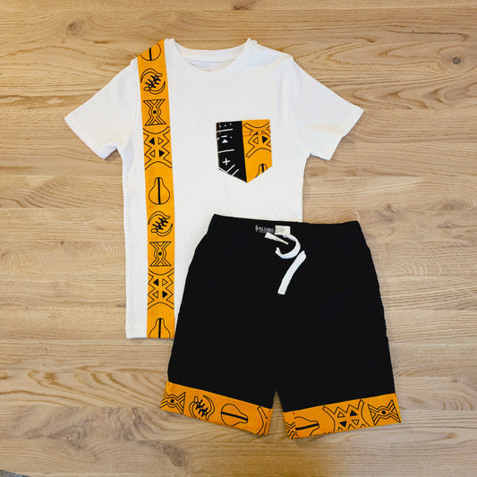 T-shirt and Cotton Pull Up Shorts Set with African Print Detail..