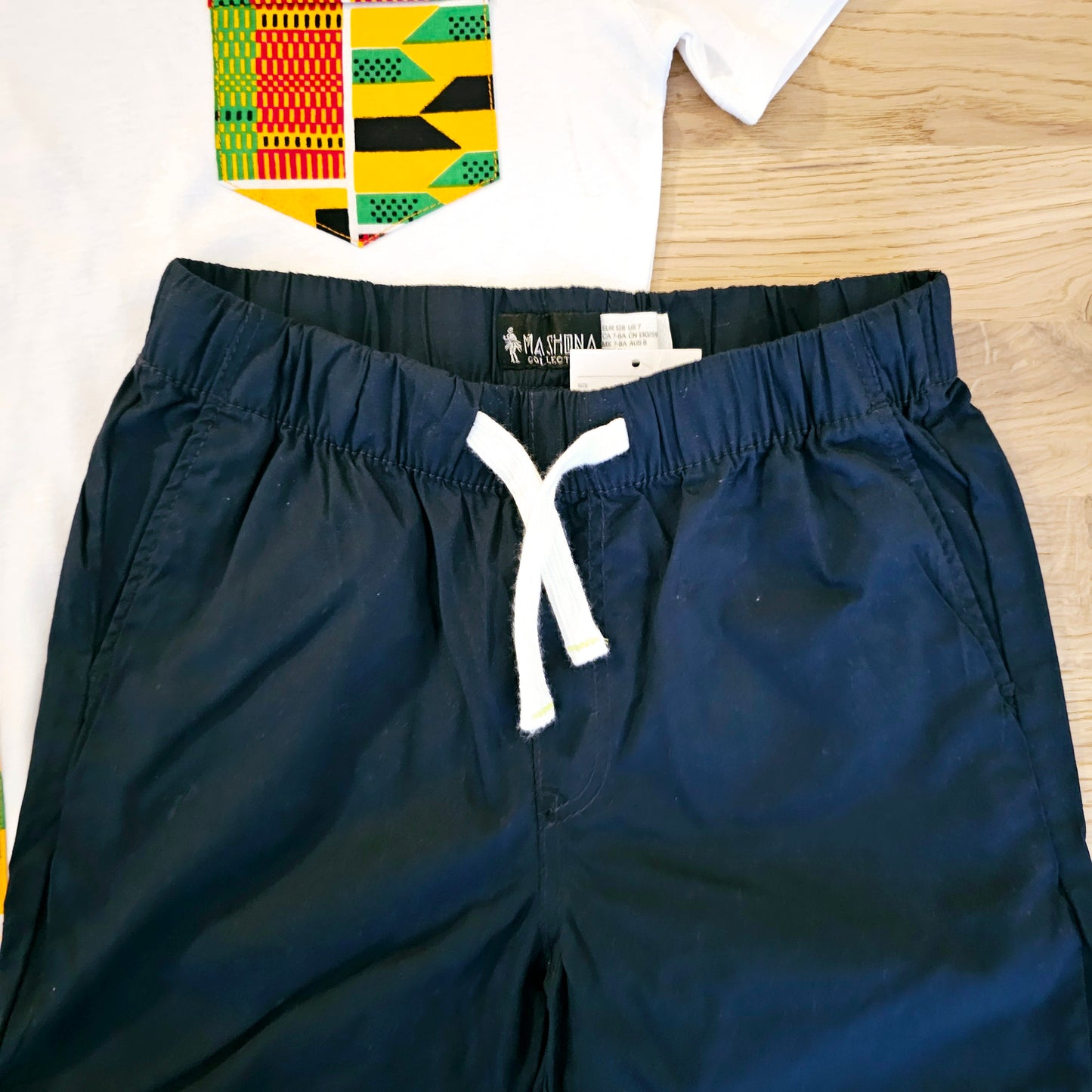 T-shirt and Cotton Pull Up Shorts Set with African Print Detail..