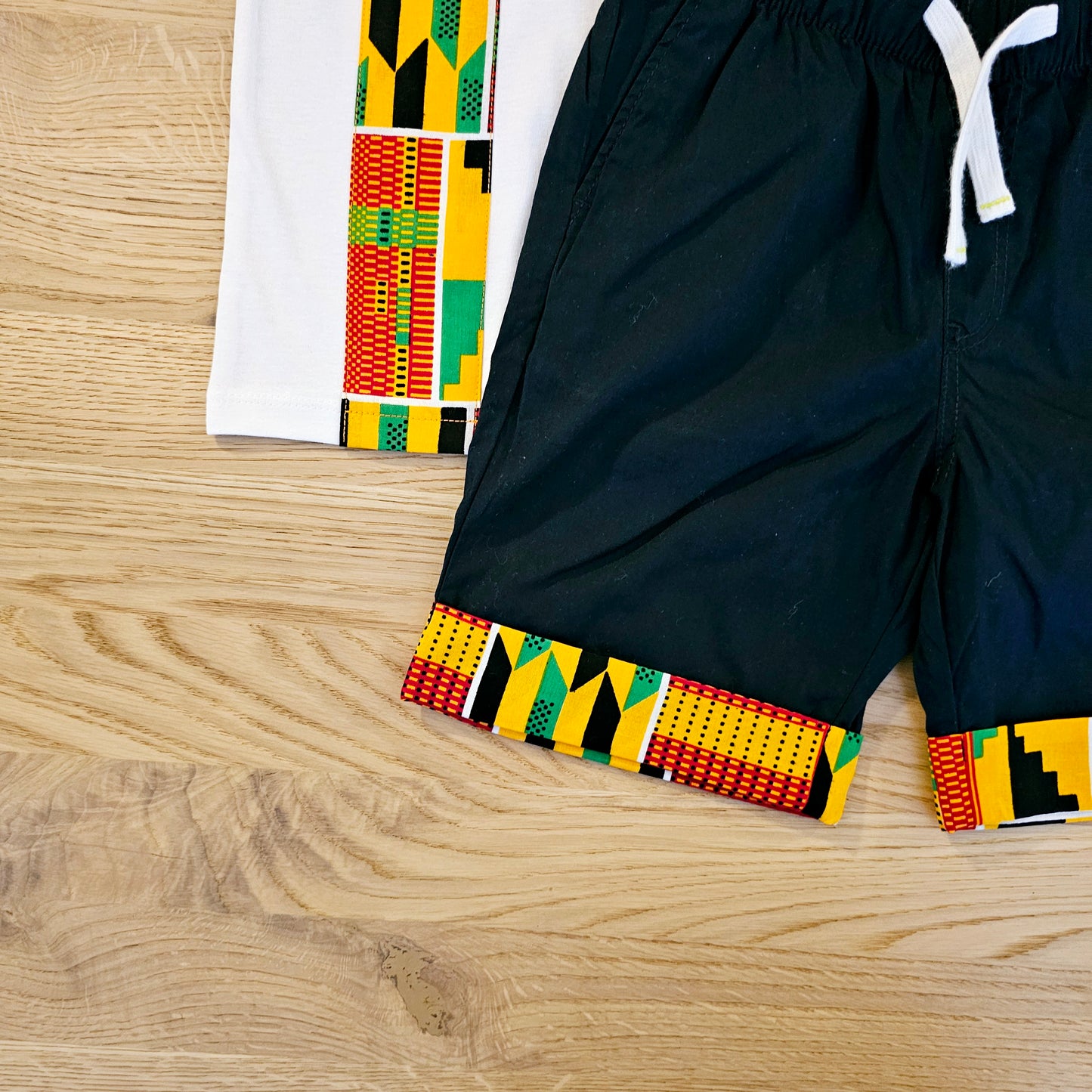 T-shirt and Cotton Pull Up Shorts Set with African Print Detail..