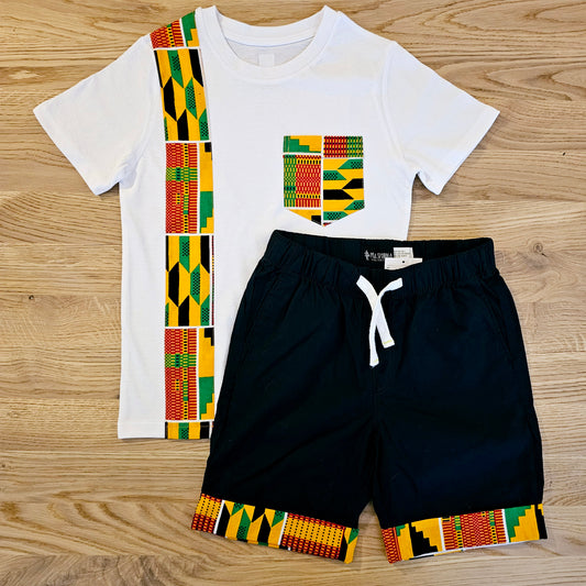 T-shirt and Cotton Pull Up Shorts Set with African Print Detail..