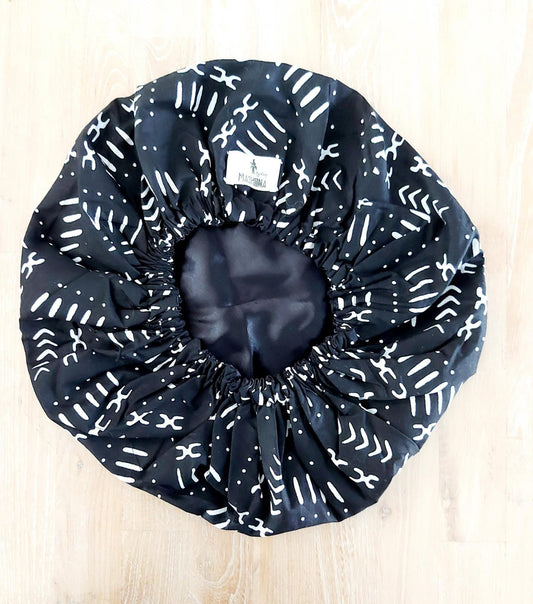 Large African "Mudcloth" Print Women Satin Lined Sleep Bonnet Cap | Sleeping Cap