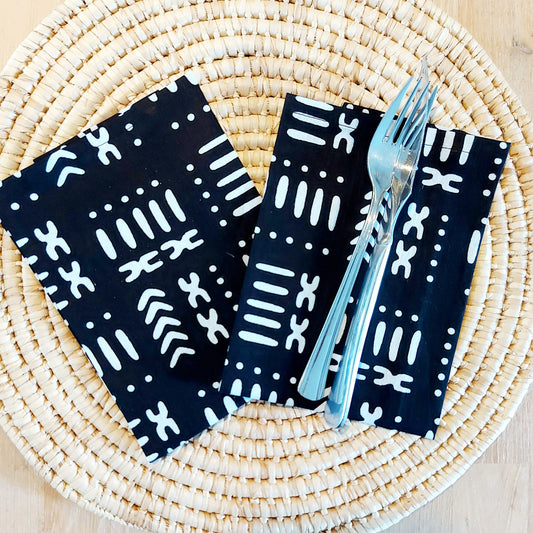 Set of 4 Napkins | 35x35cm | Black Mudcloth Print, Ankara Wax, 100% Cotton